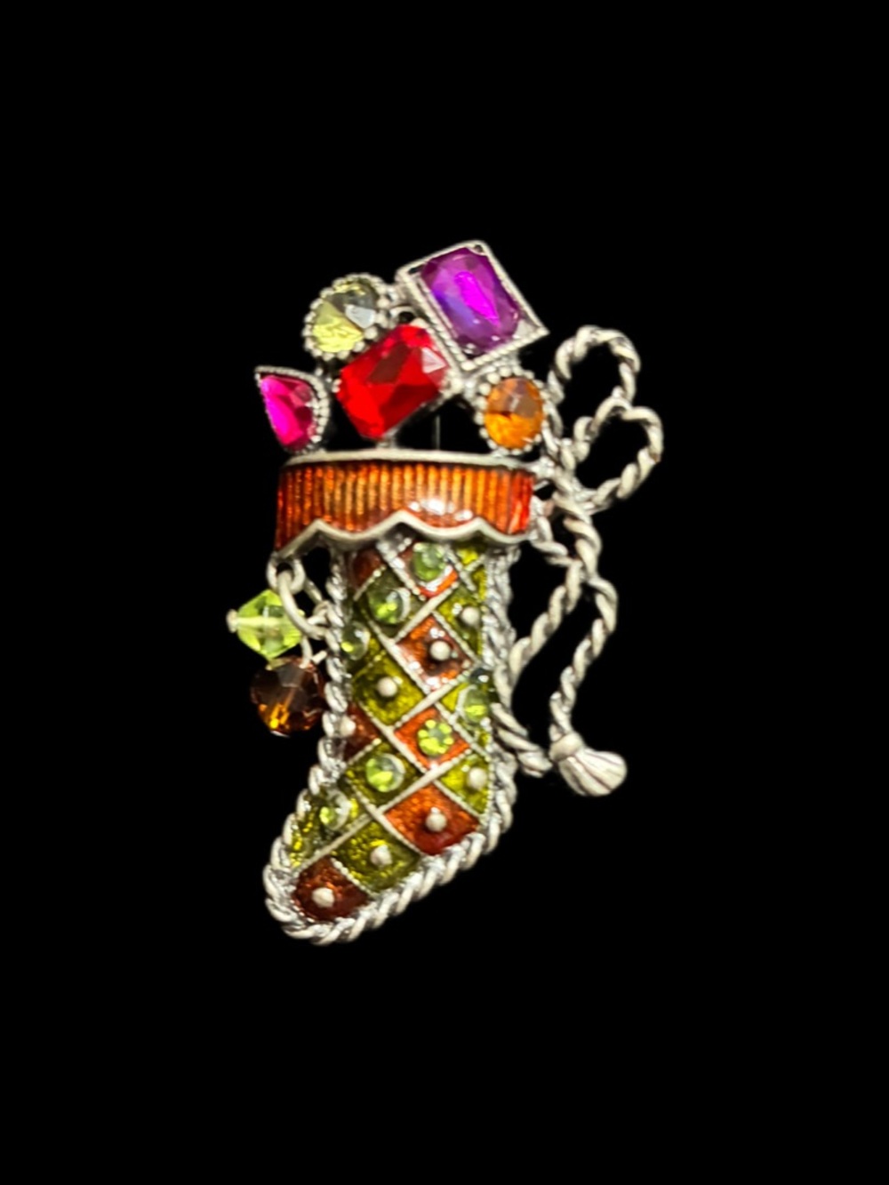 Kenneth Cole KC EUC CHRISTMAS STOCKING PIN/BROOCH WITH CRYSTAL + ENAMEl